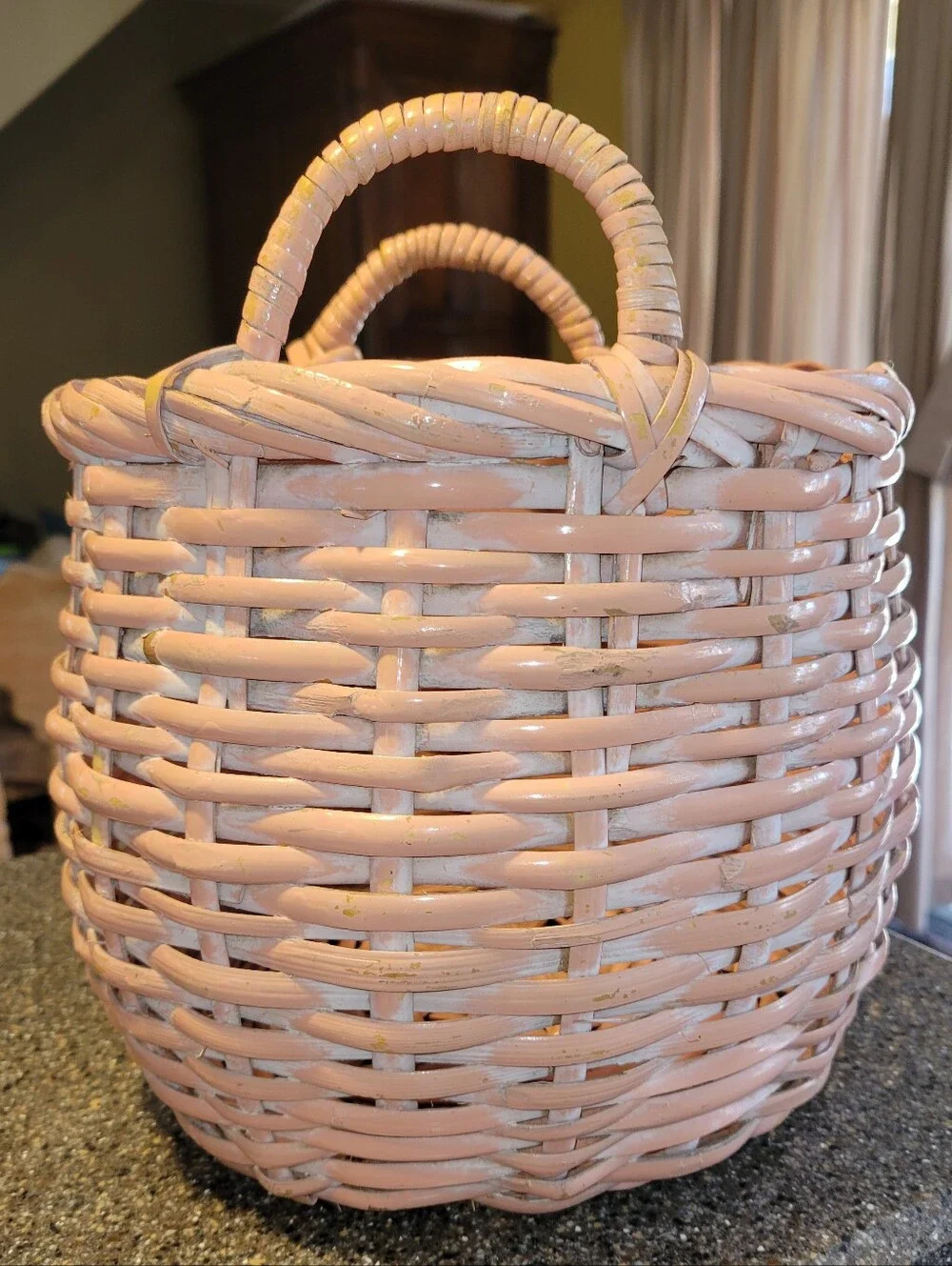 Vintage 90s Pink Wicker Basket Round Storage Boho Cottagecore Decor